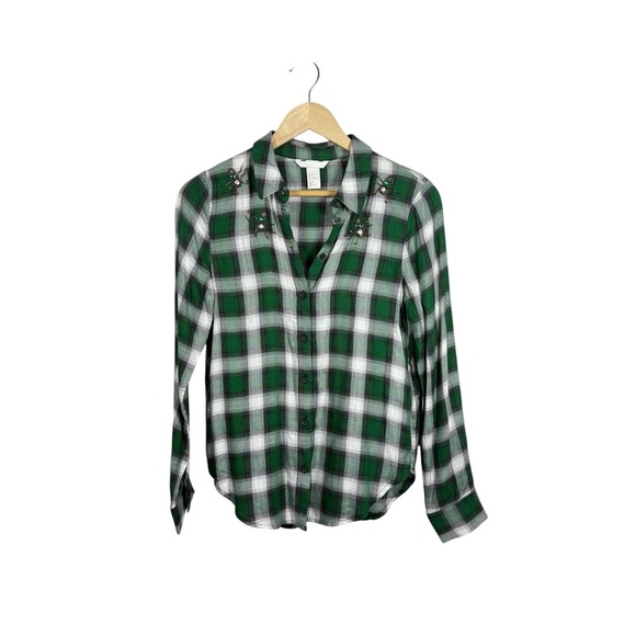 H&M Women’s Plaid Button Down Beetle Beaded Embellished Top Green/White 4 - Picture 3 of 10